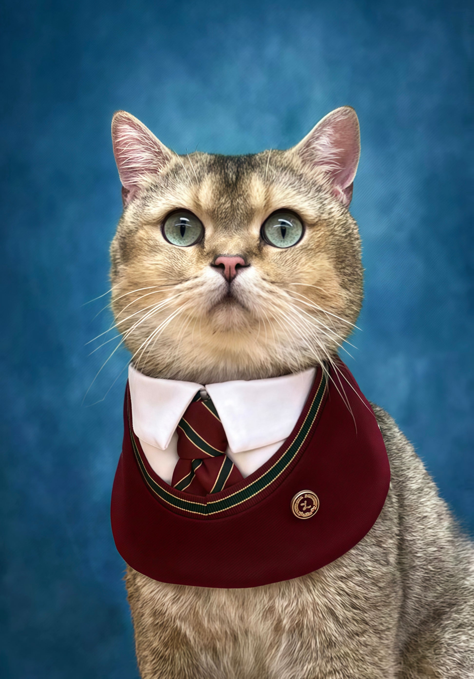 Cat in a red Ivy bandana, featuring a bold striped tie and white collar. Premium pet clothing for cats, adding a touch of class to your pet's look.