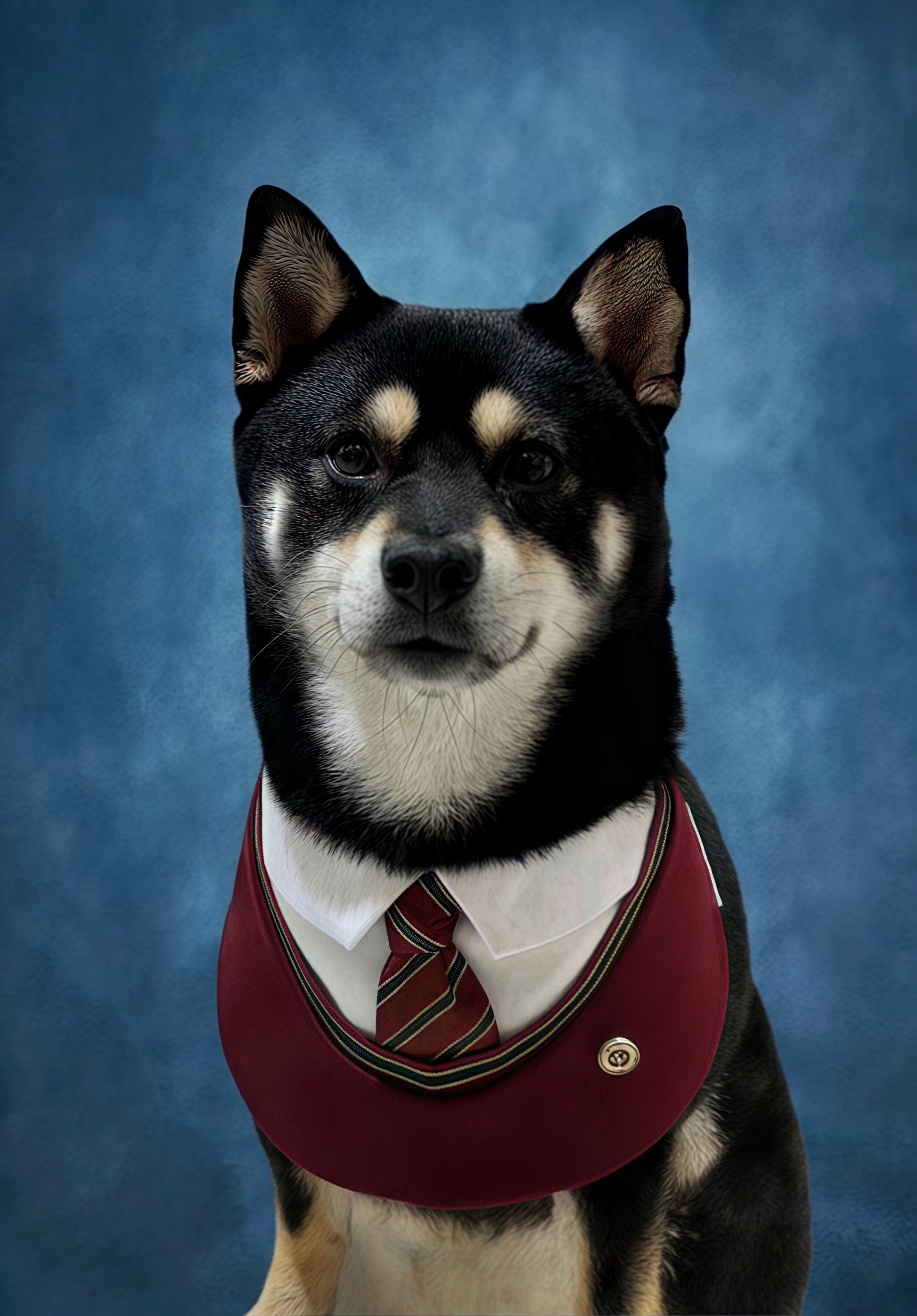 Shiba Inu in a red Ivy dog bandana, featuring a white collar and striped tie. Premium pet clothing for dogs, perfect for formal events or as a stylish accessory for your Shiba Inu.