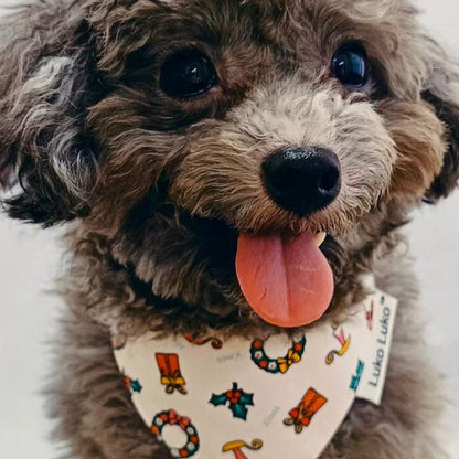 White poodle wearing white Avery bandana, handmade pet accessory for dogs and cats.