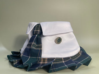 Emma preppy dress bandana for pets featuring a white collar, plaid tie, and elegant lapel pin, perfect for stylish academic-themed pet outfits