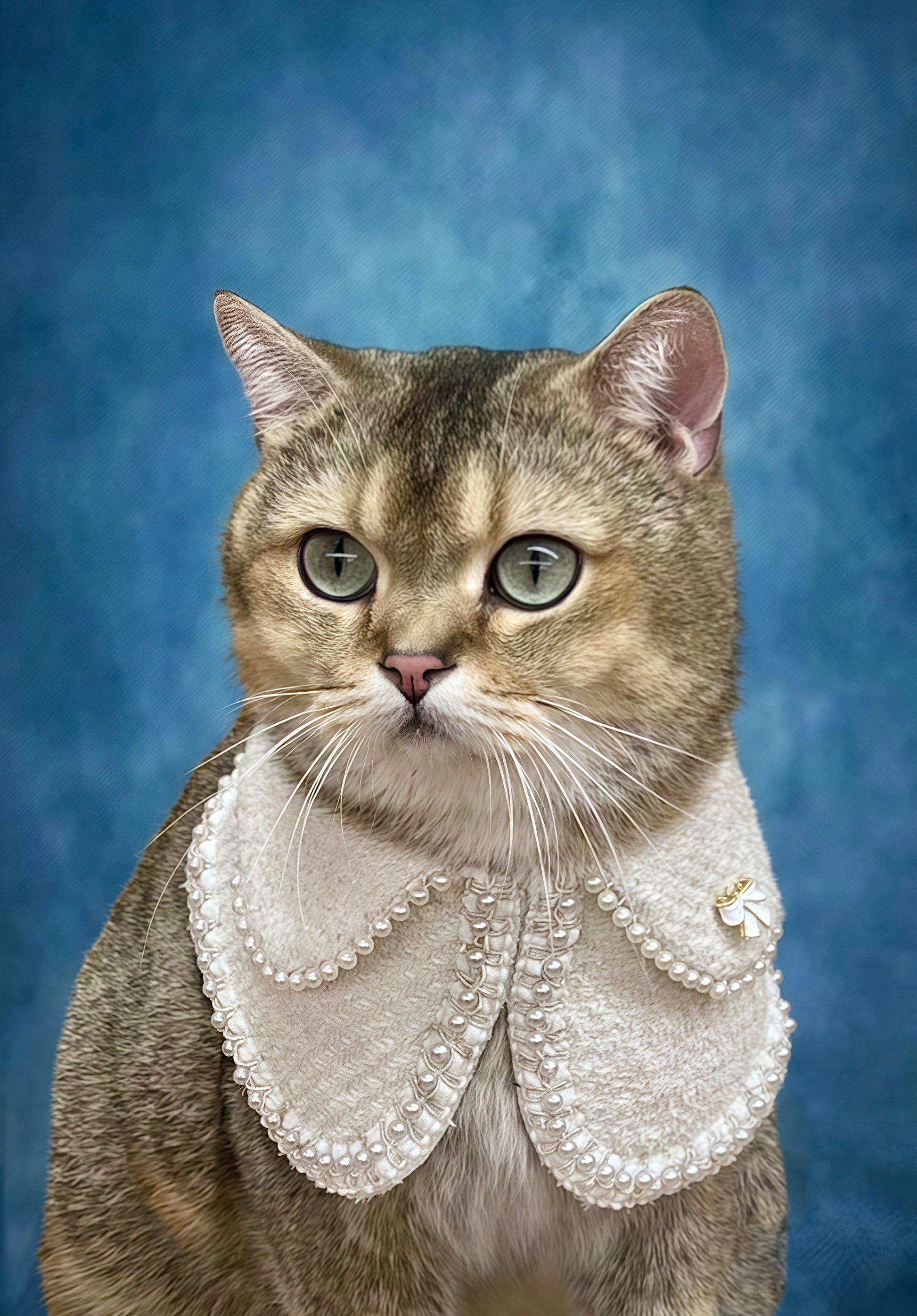 Cat dressed in a luxurious white Jacqueline cat bandana, featuring pearl accents and a delicate bow. Elegant and premium pet clothing for cats, adding sophistication to any feline wardrobe.