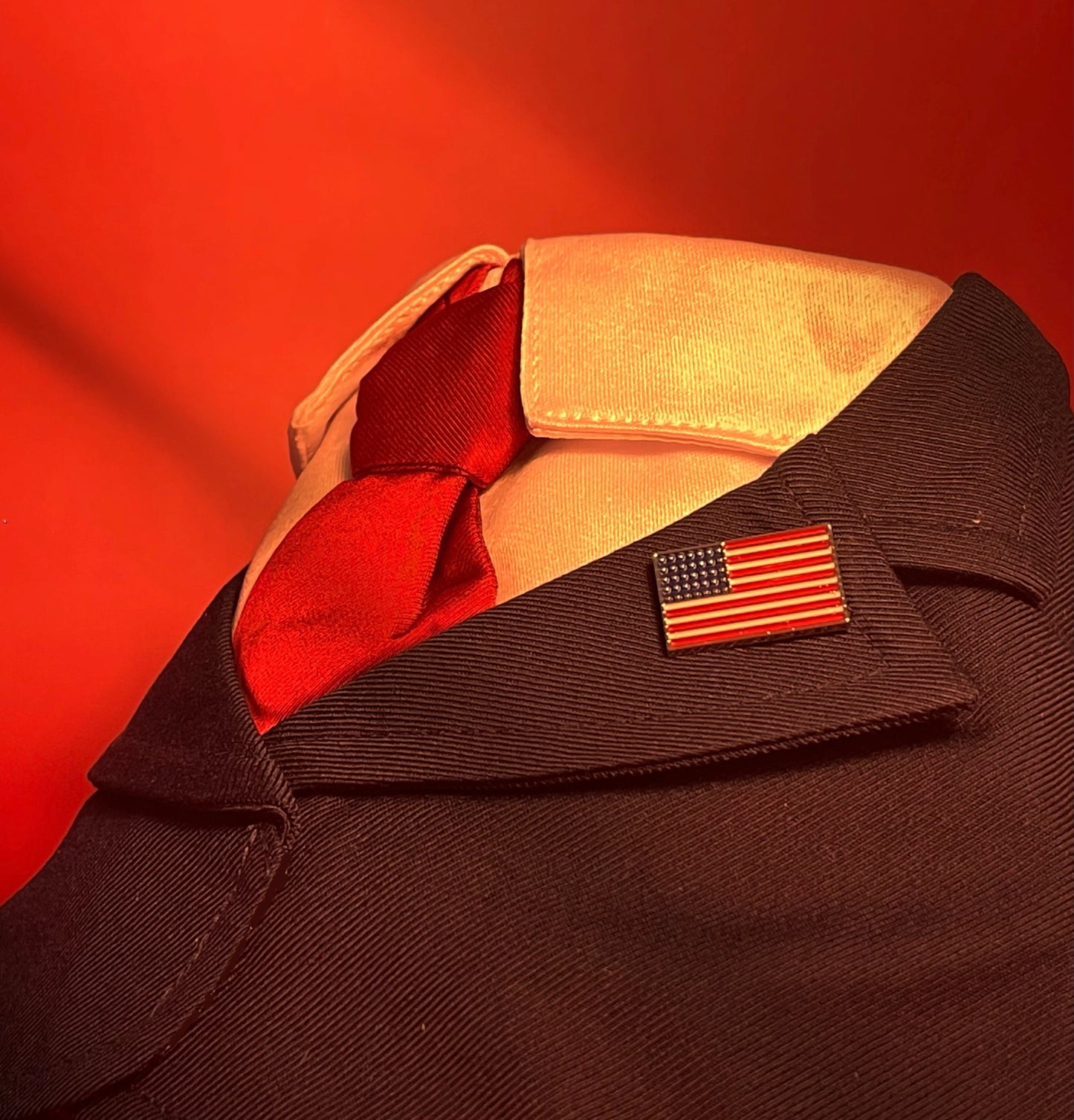 Republican-themed pet bandana with an American flag lapel pin and iconic red tie, designed for stylish dogs and cats.