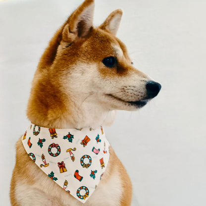 Shiba Inu wearing white Avery Christmas bandana, handmade holiday accessory for dogs and cats.