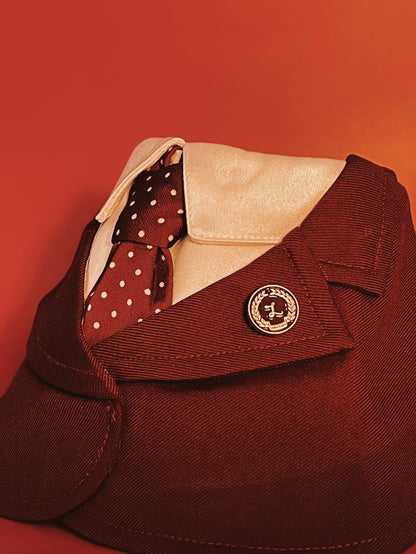 Winston burgundy suit bandana for pets featuring a stylish tie and handcrafted lapel pin on a plush fabric backdrop